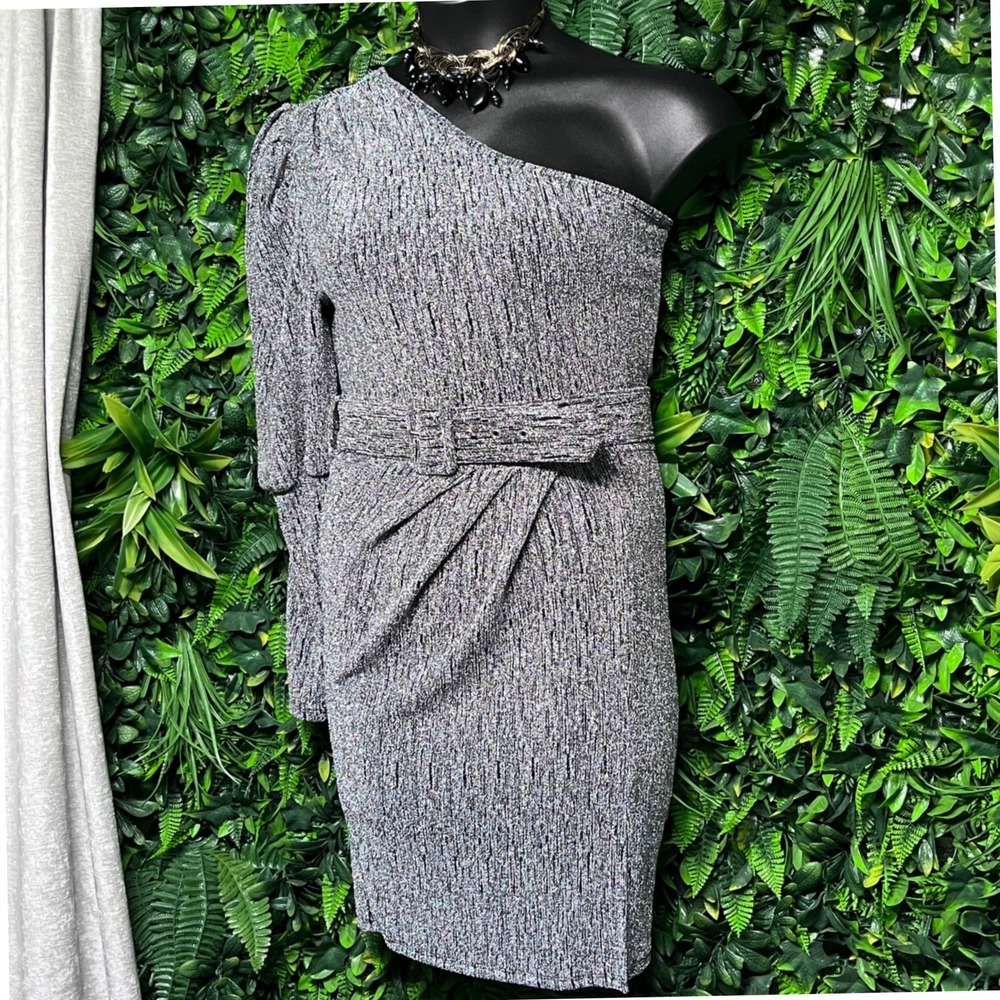 BLUE.S Dress Large Silver Metallic One Shoulder Ruched Belted‎ Mini 3381
